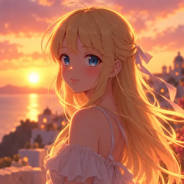 Anime portrait with flowing blonde hair and warm sunset colors
