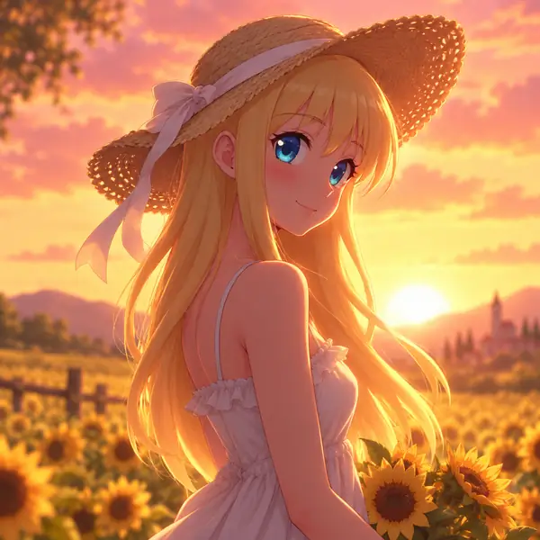 Blonde anime character in the golden light of sunset