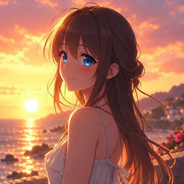Blue-eyed anime character by the sea at sunset