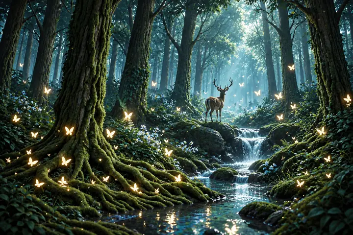 Dreamlike forest of ancient trees, a stream, and glowing butterflies