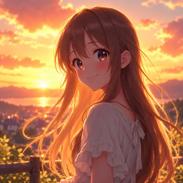 Long-haired anime character against a glowing evening sky