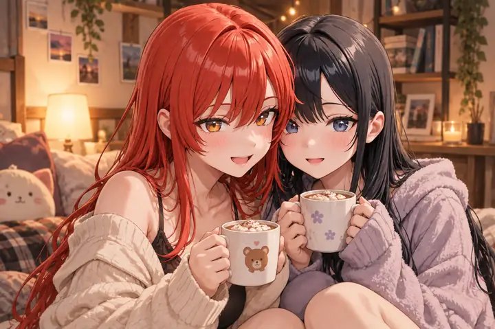 Two anime friends posing together in a cozy interior